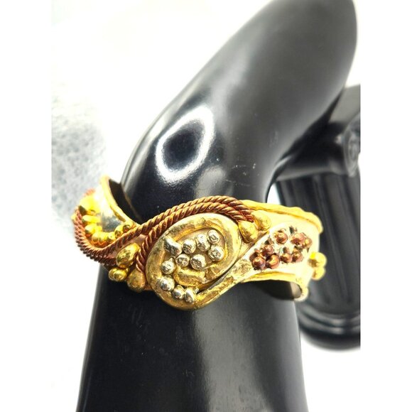 Artisan Mixed Metal Cuff Bracelet Brass Copper Silver Tone Boho Statement - Picture 6 of 7